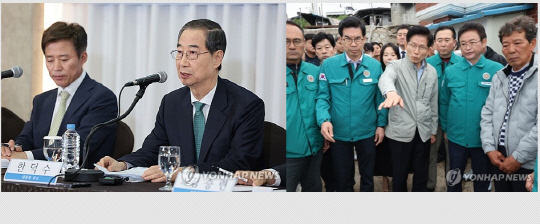 무소속 한덕수 대통령선거 예비후보가 6일 서울 중구 코리아나호텔에서 열린 관훈토론회에서 기조연설을 하고 있다(왼쪽 사진). 같은 날 국민의힘 김문수 대선 후보가 대형 산불 피해를 입은 경북 영덕군 영덕읍 석리 따개비마을을 방문해 복구 현황을 살펴보고 있다. [연합뉴스]